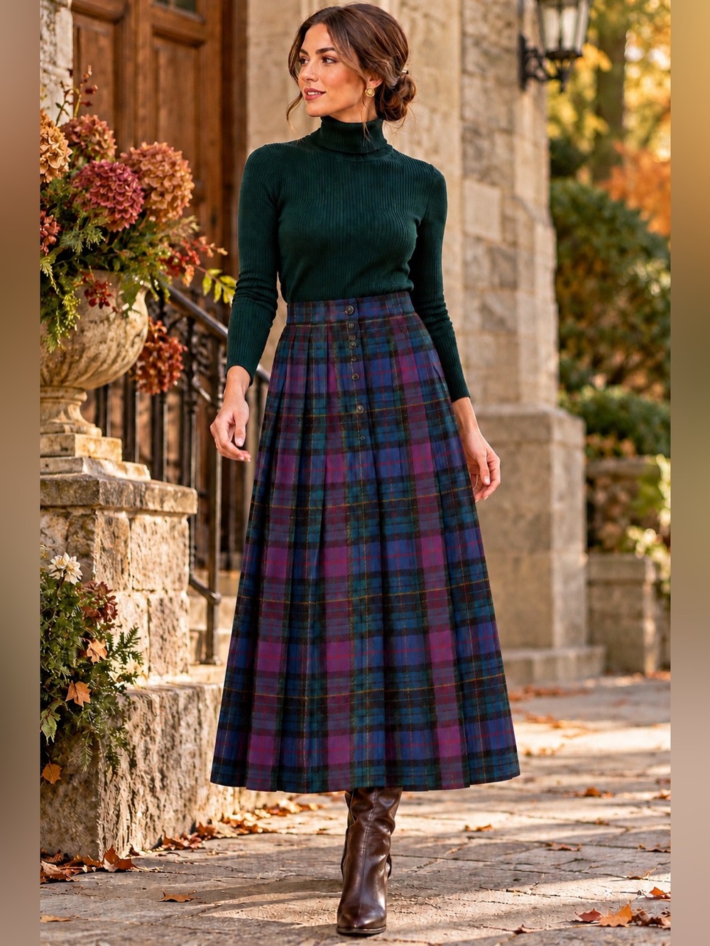 Vintage 100% Wool Plaid Pleated Midi Skirt Tartan 30 Waist Button Front